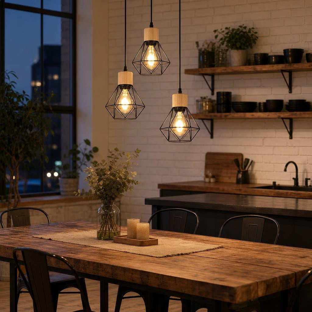 Suspension Koshi allumée au-dessus d'une table en chêne dans une cuisine loft
