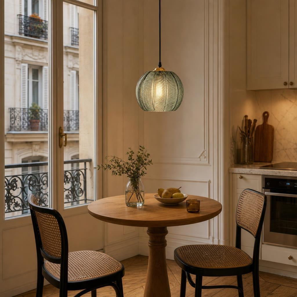 Suspension Aoi au-dessus d'une table bistrot ronde dans une cuisine parisienne