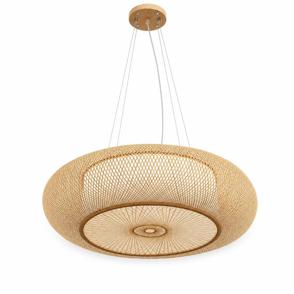 Suspension Chochin, lanterne plate en bambou tressé, sur fond blanc