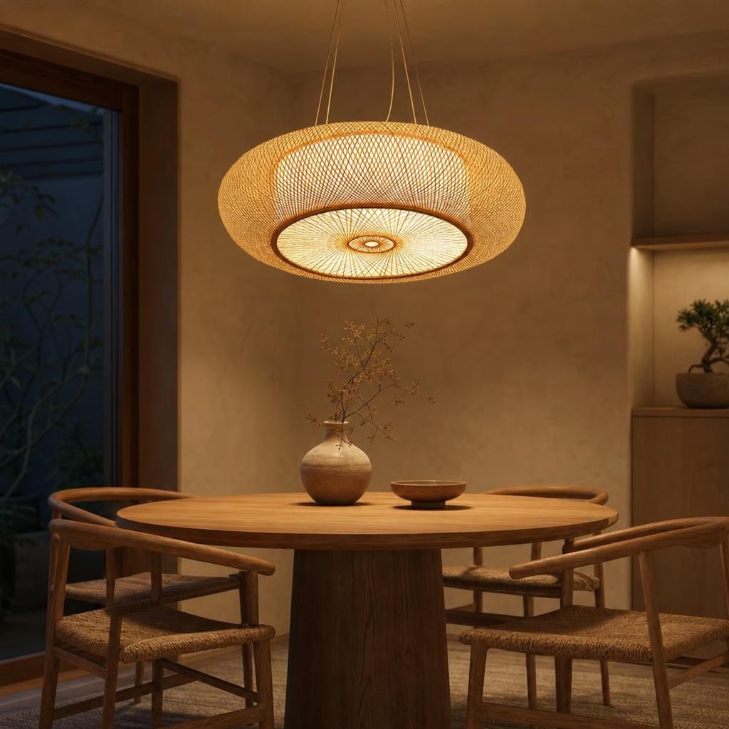 Suspension Chochin allumée au-dessus d'une table ronde en bois