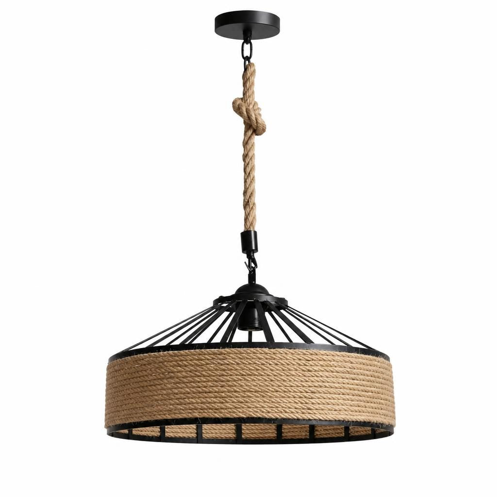 Suspension Cordage, cage en fer noir et bandeau de corde de chanvre, sur fond blanc