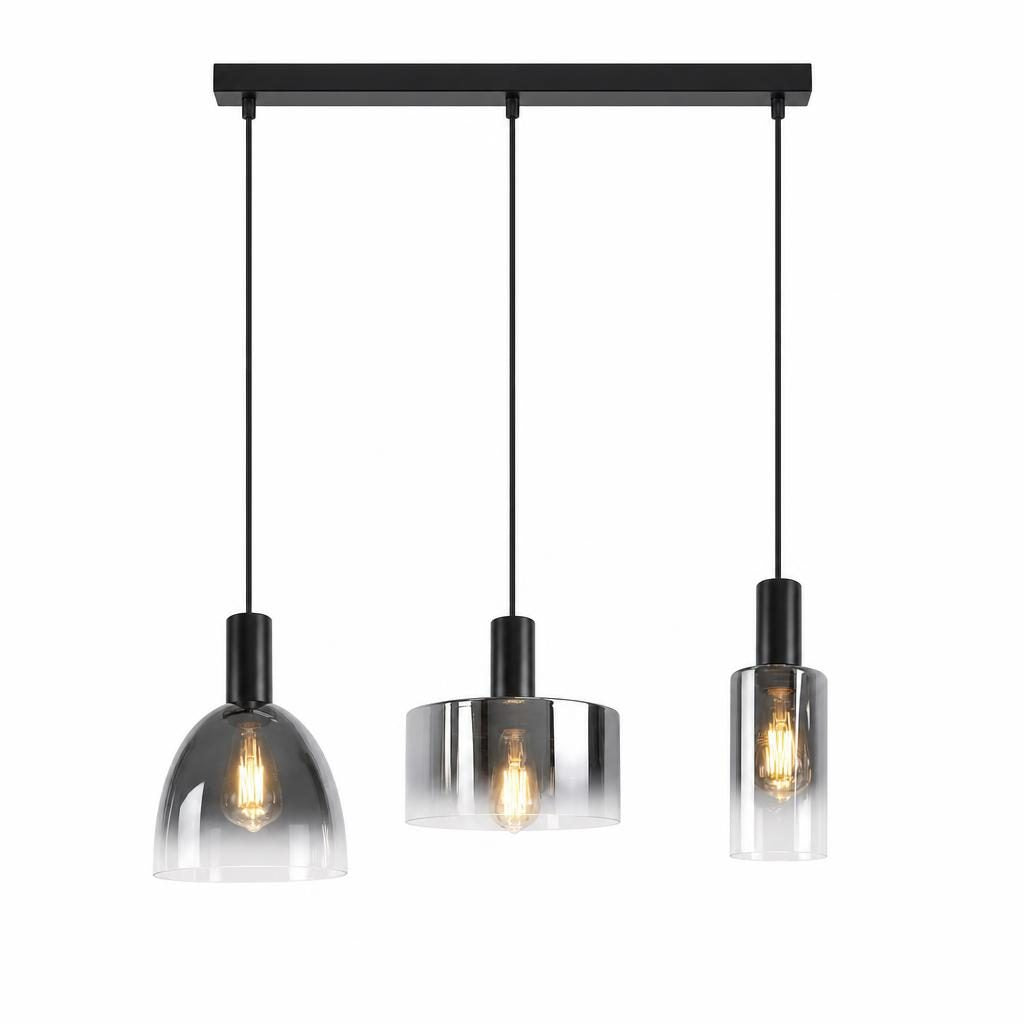 Suspension Dégradé à 3 globes en verre fumé dégradé sur barre noire, sur fond blanc