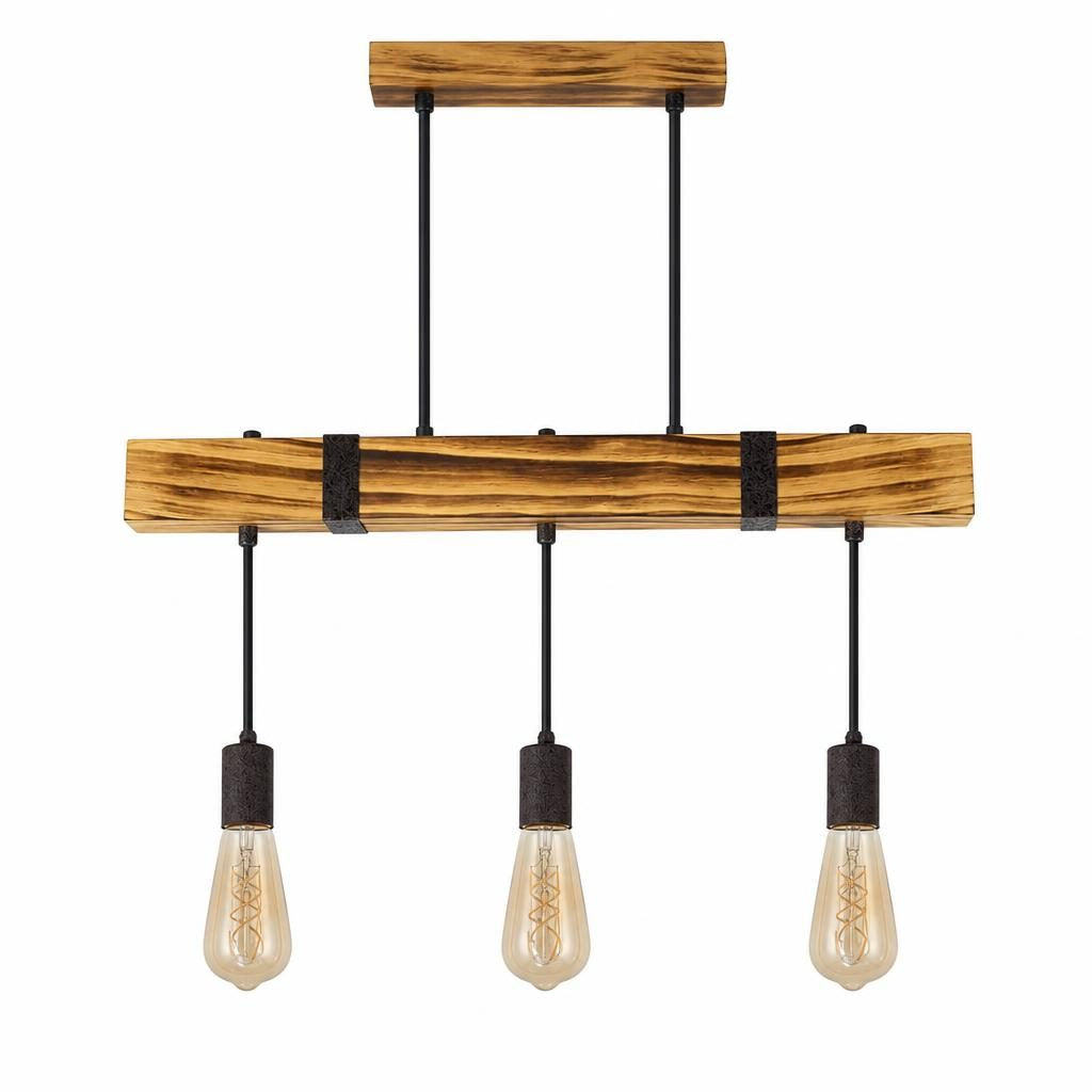 Suspension Hari, poutre en bois brossé et trois douilles avec ampoules à filament, sur fond blanc