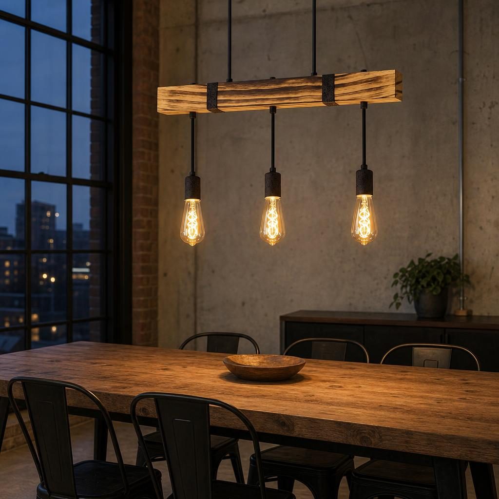 Suspension Hari allumée au-dessus d'une table en chêne dans un loft industriel