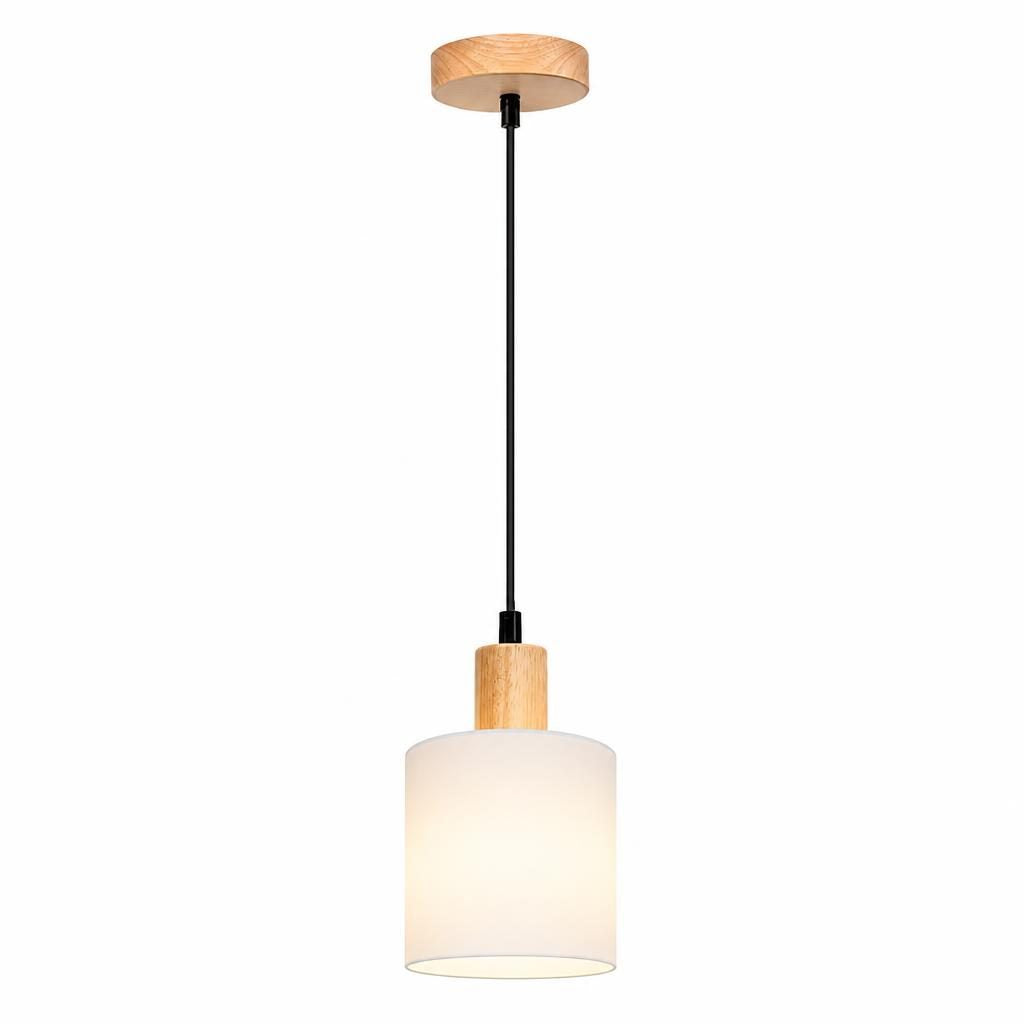 Suspension Hitoe, cylindre en tissu blanc et douille en bois clair, sur fond blanc