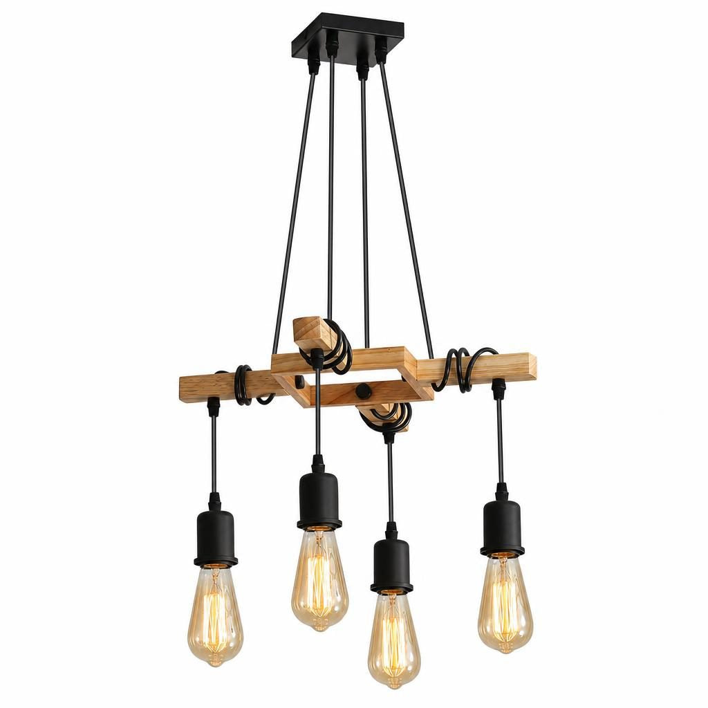 Suspension Igeta 4 lumières, croisillon en bois naturel et douilles noires, sur fond blanc