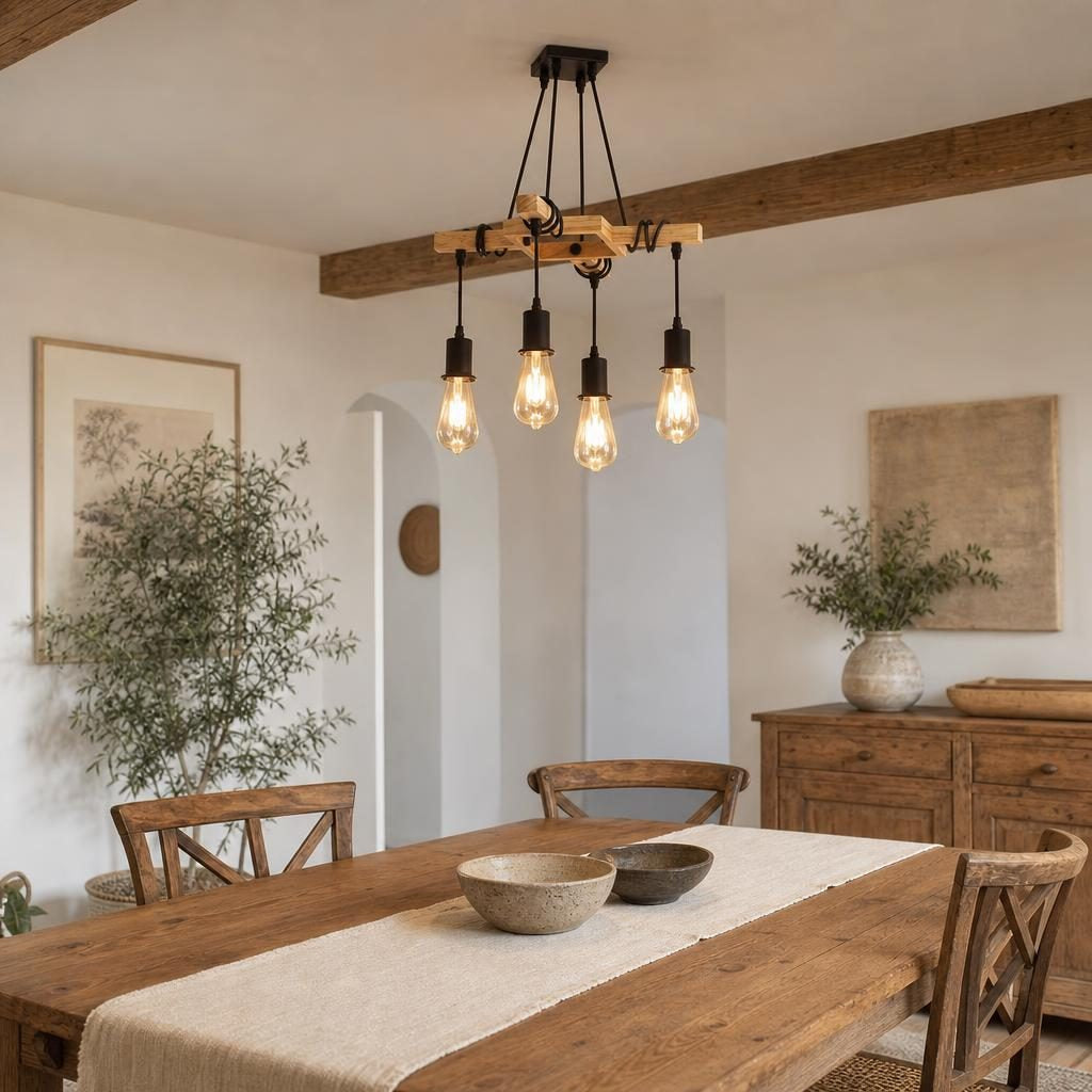 Suspension Igeta allumée au-dessus d'une table en chêne massif dans une salle à manger