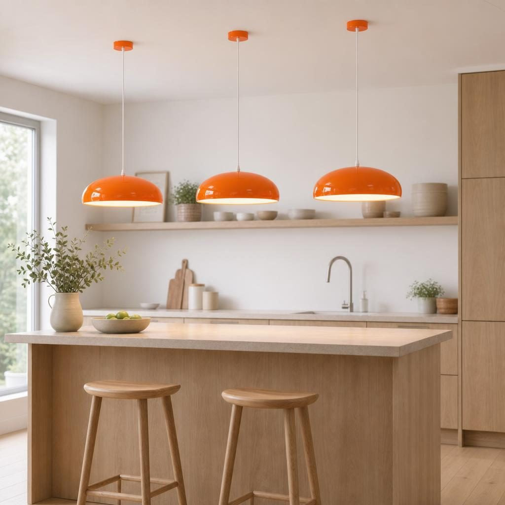 Trois suspensions Kaki orange au-dessus d'un îlot de cuisine en bois clair