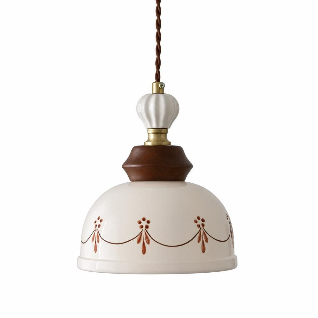 Suspension Kazari, dôme en céramique blanche peinte et col en bois, sur fond blanc