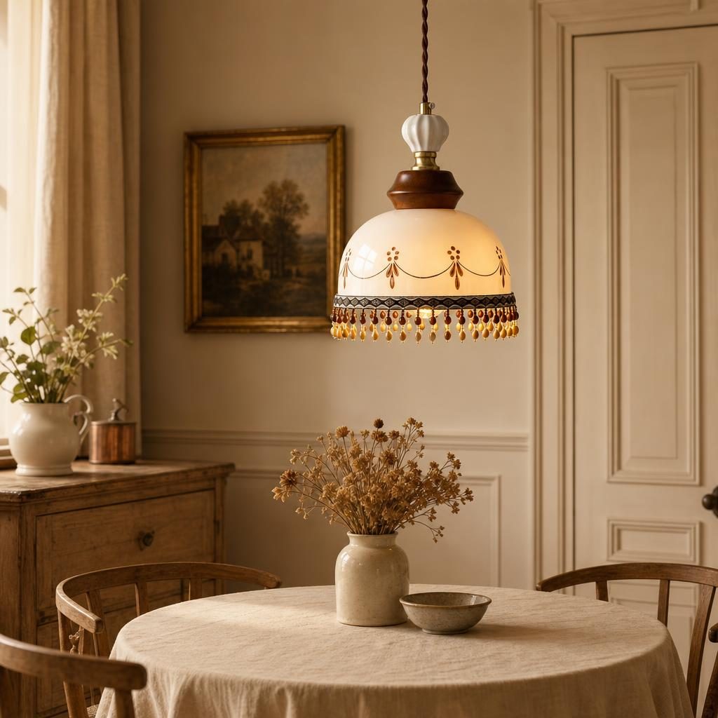 Suspension Kazari à frange de perles allumée au-dessus d'une table de salle à manger