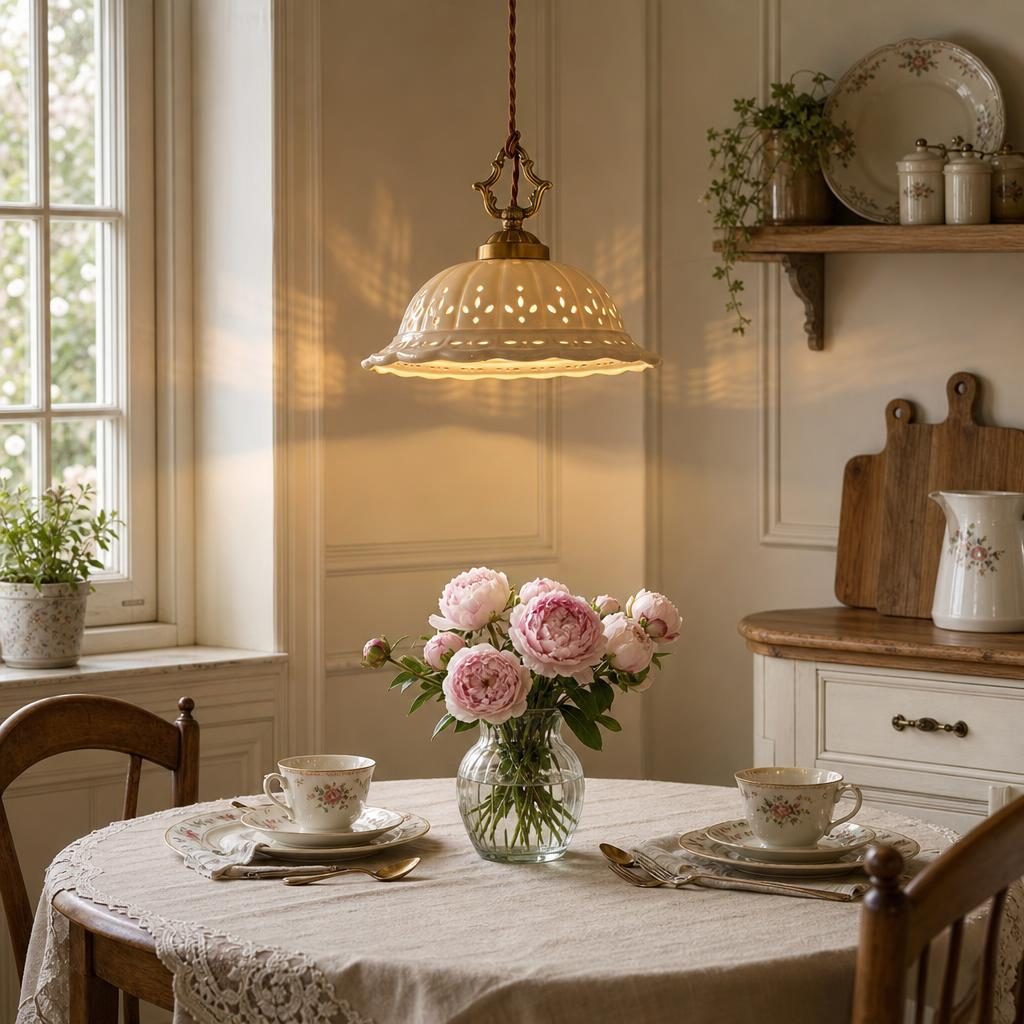 Suspension Komorebi allumée au-dessus d'une table ronde dans une cuisine de style campagne
