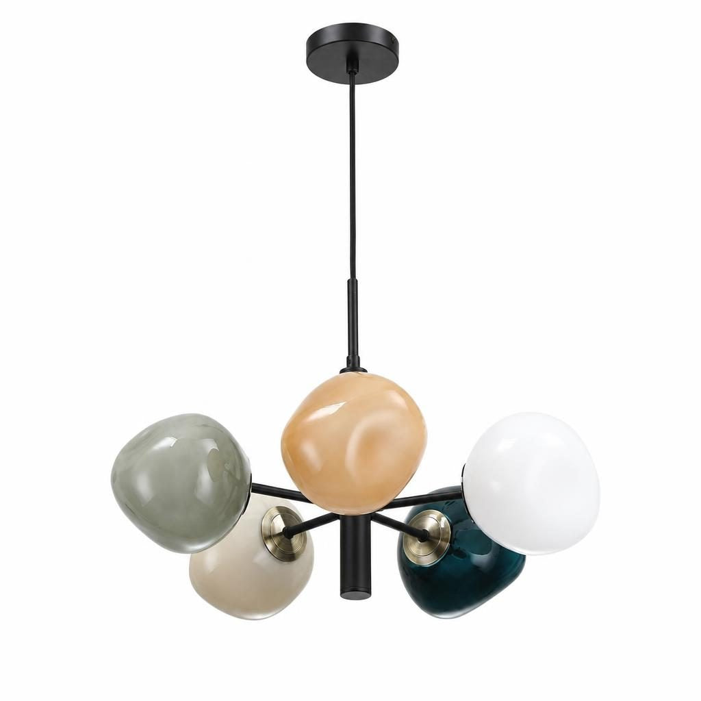 Suspension Konpeito à cinq globes en verre coloré et structure noire, sur fond blanc