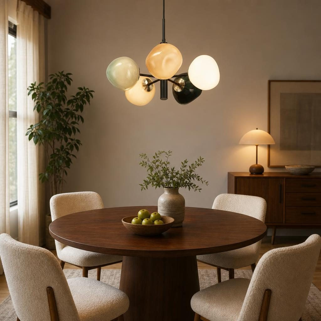 Suspension Konpeito allumée au-dessus d'une table ronde en noyer