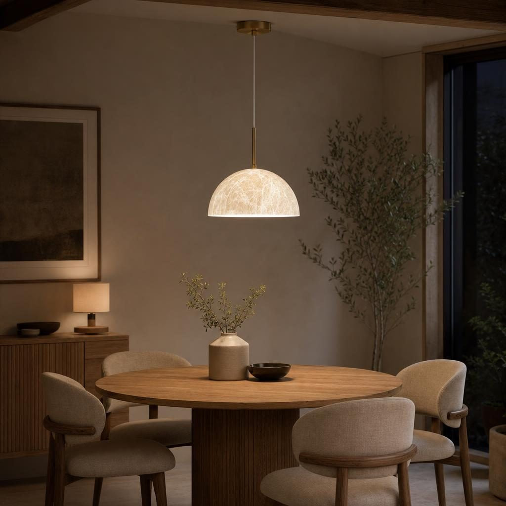 Suspension Mangetsu allumée au-dessus d'une table ronde en chêne