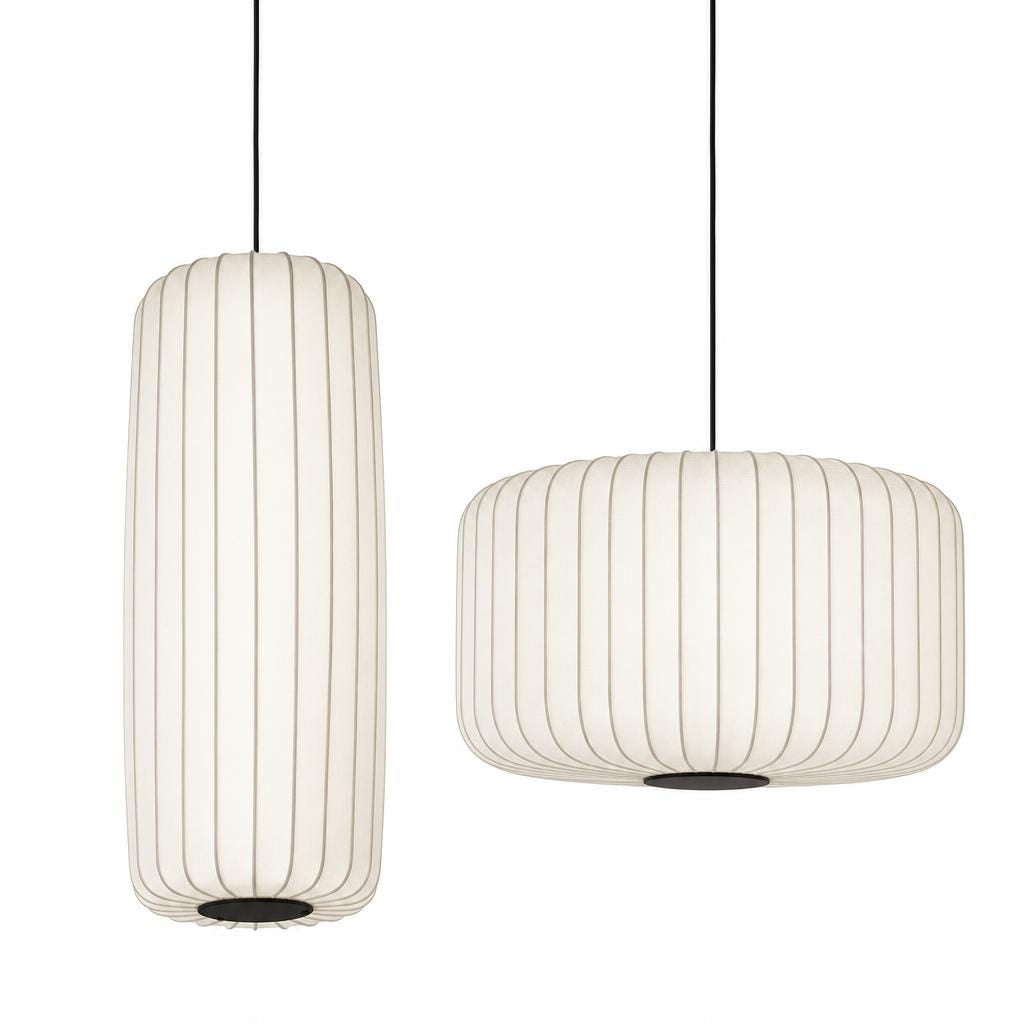 Suspensions Mayu en soie crème, lanterne haute et tambour large, sur fond blanc