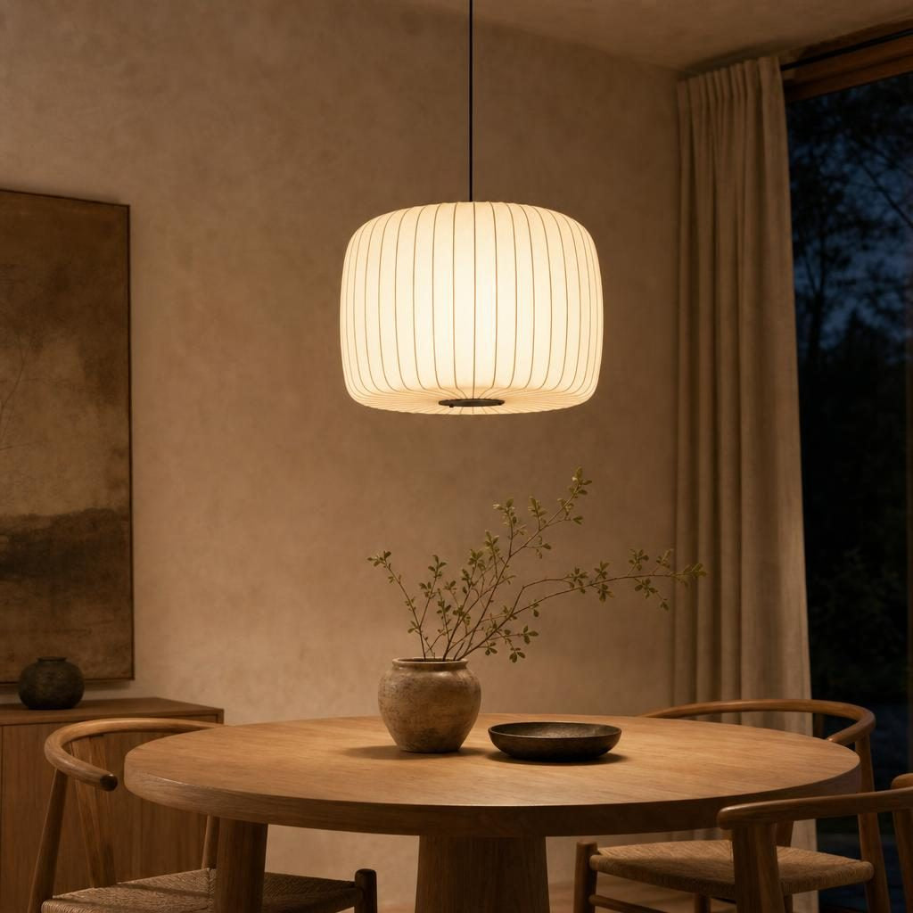 Suspension Mayu tambour Ø 42 cm allumée au-dessus d'une table ronde en chêne