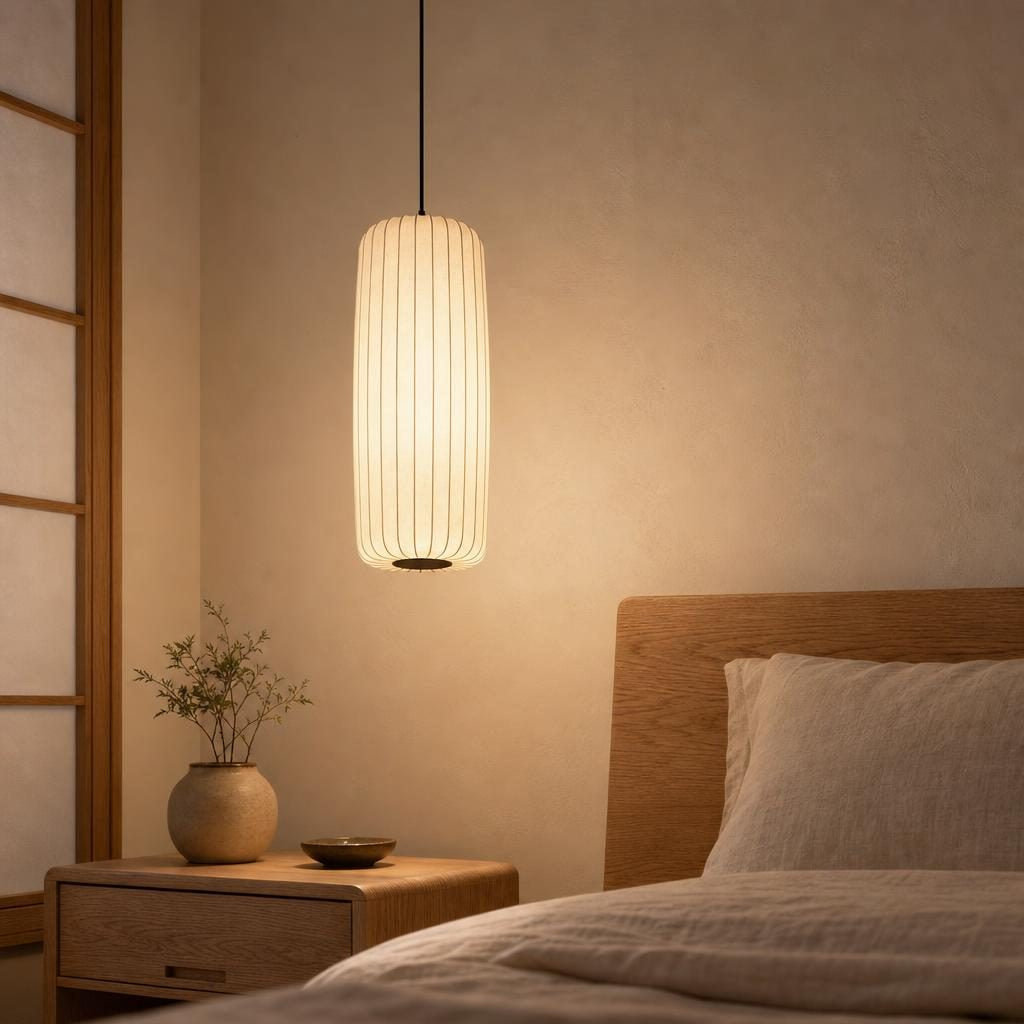 Suspension Mayu lanterne haute allumée à côté d'un lit dans une chambre Japandi