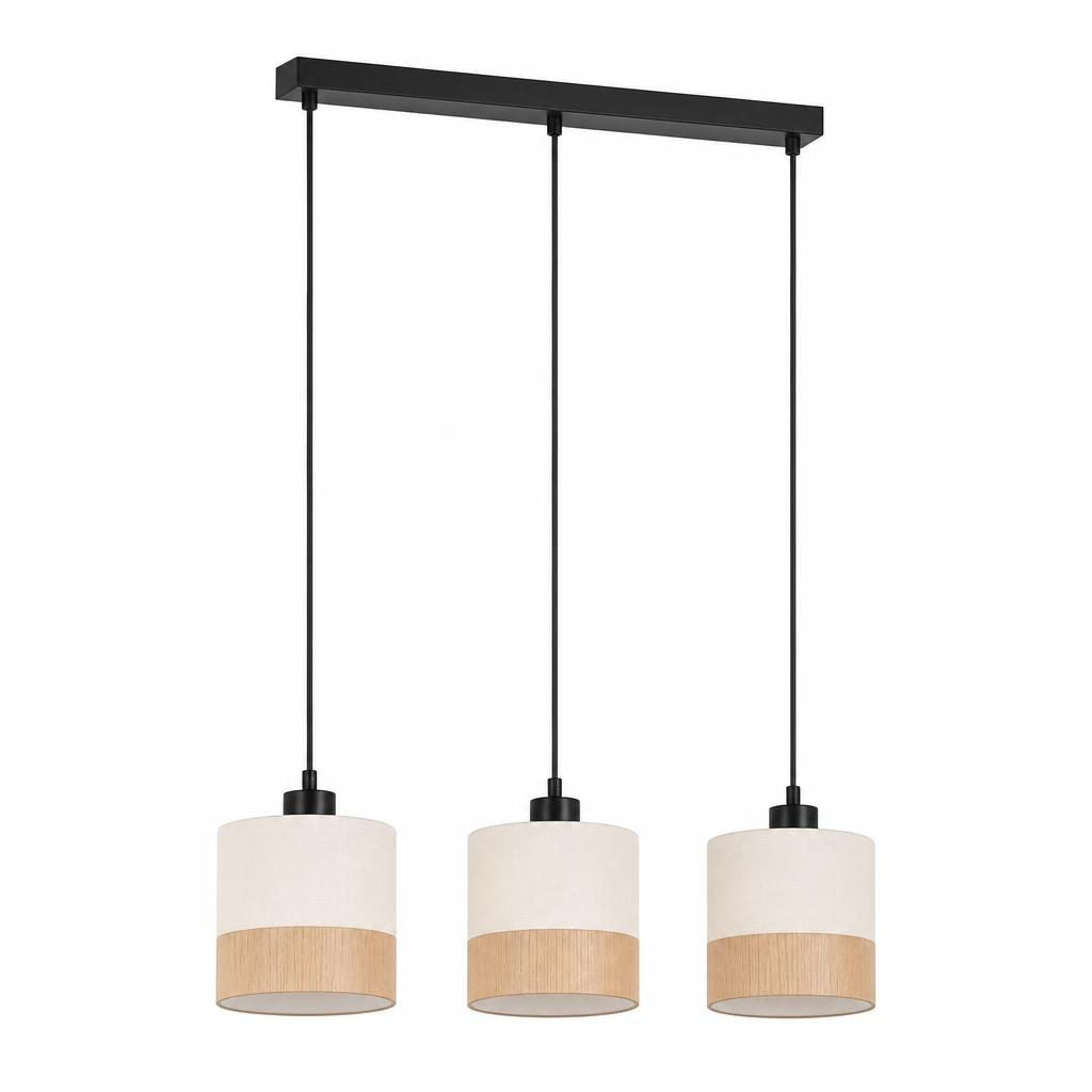 Suspension Mitsu à trois abat-jour en tissu blanc et bande bois sur rampe noire, sur fond blanc