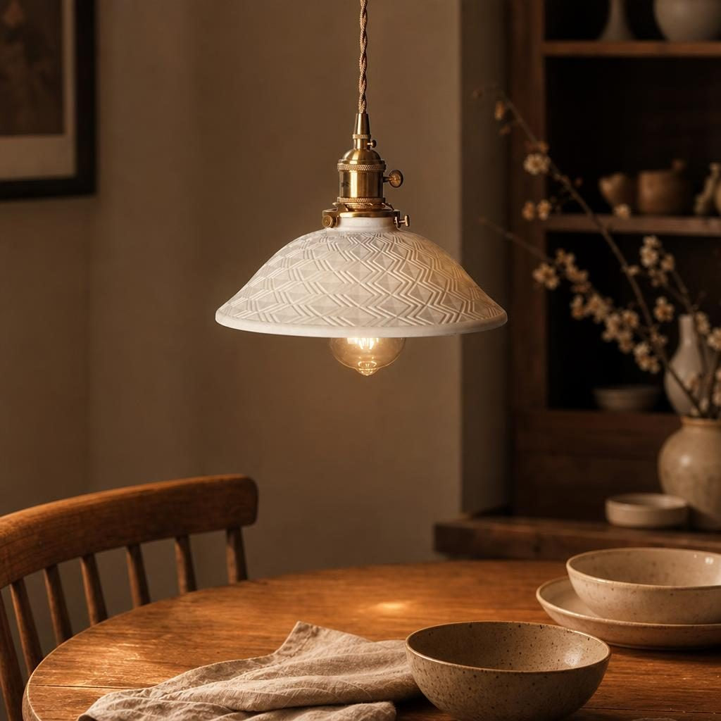 Suspension Nagare à motif chevrons allumée au-dessus d'une table en bois