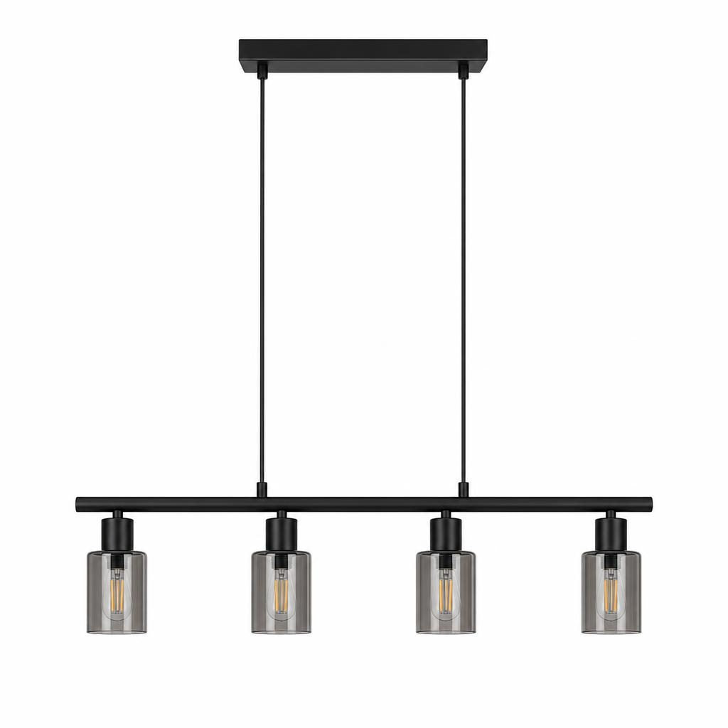 Suspension linéaire Retsu, barre noire et quatre verres fumés, sur fond blanc