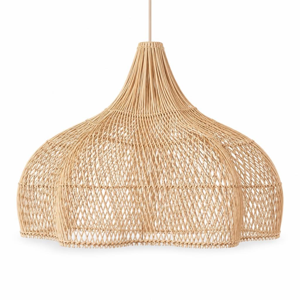 Suspension Sabi, grand abat-jour ondulé en rotin tressé naturel, sur fond blanc