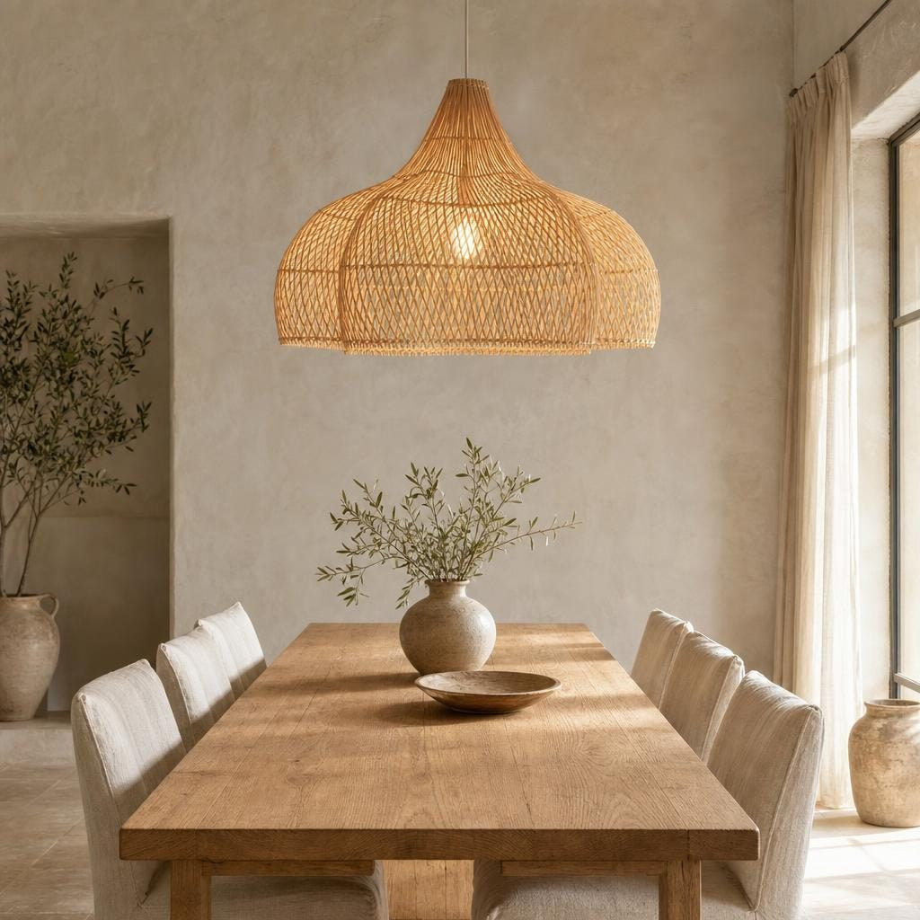 Suspension Sabi allumée au-dessus d'une longue table en chêne