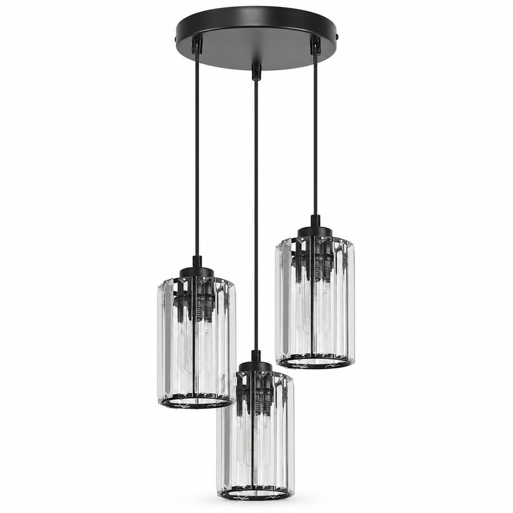 Suspension Shimo, trois cylindres en prismes de cristal et rosace noire, sur fond blanc