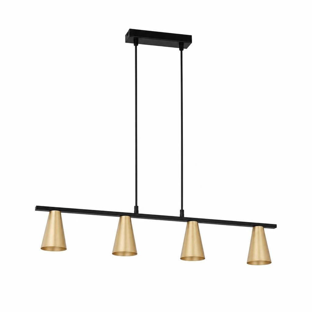 Suspension linéaire Suzuran, barre noire et quatre spots coniques dorés, sur fond blanc