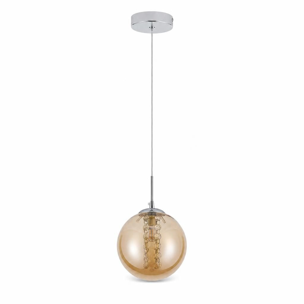 Suspension Tamayura, globe en verre ambre et rosace chromée, sur fond blanc