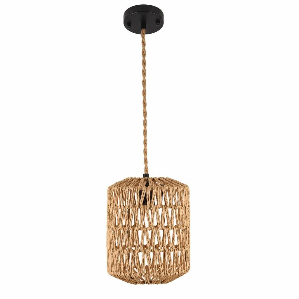 Suspension Tsuna, panier cylindrique en corde tressée naturelle, sur fond blanc